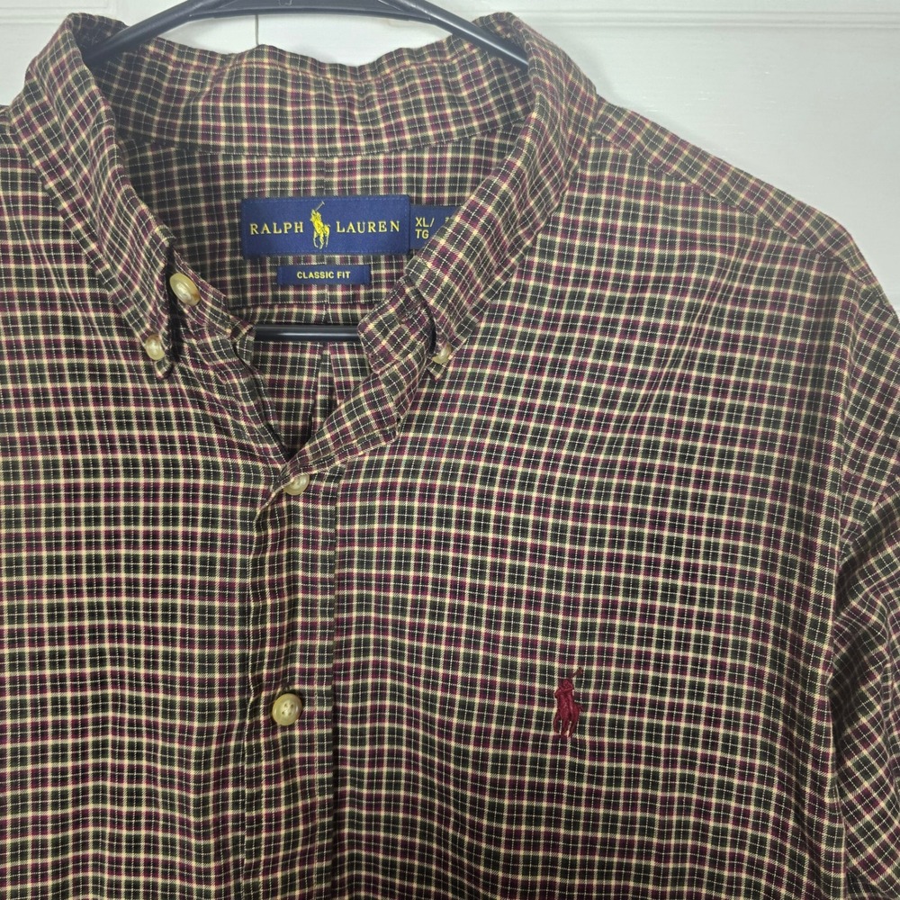 Ralph Lauren Men's XL Classic Fit Plaid Button Down Shirt Burgundy Tan Cotton